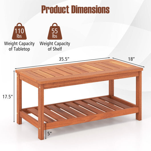 2-Tier Patio Coffee Table with Slatted Tabletop and Shelf W2B
