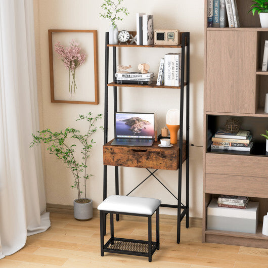 Ladder Vanity Desk Set with Flip Top Mirror and Cushioned Stool-Black W2B