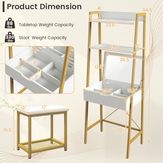 Ladder Vanity Desk Set with Flip Top Mirror and Cushioned Stool-Black W2B