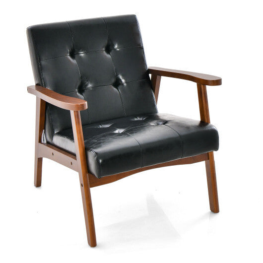 Mid Century Modern Accent Chair with Solid Rubber Wood Frame and Leather Cover-Brown W2B