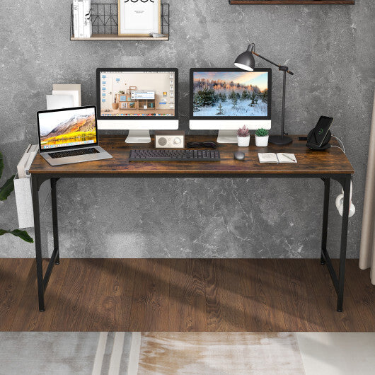 60 Inch Computer Desk with Charging Station Storage Bag-Rustic Brown W2B