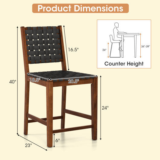 Set of 2 Woven Bar Stools with Faux PU Leather Straps-Black
