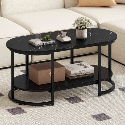 Marble Coffee Table with Open Storage Shelf-Black - Color: Black W2B