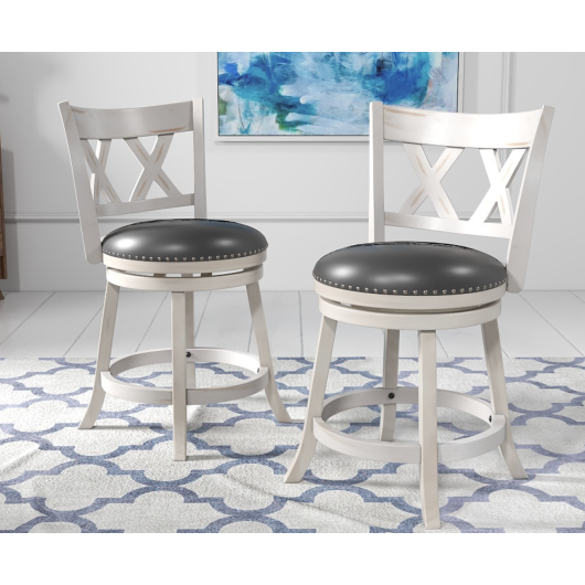 25.5 Inch Hand-Antiqued Stool Set of 2 with Wider Padded Seat-White W2B