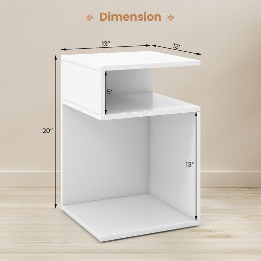 S-Shaped Side Table with Unique S-shaped Frame and 2 Open Compartments-White W2B