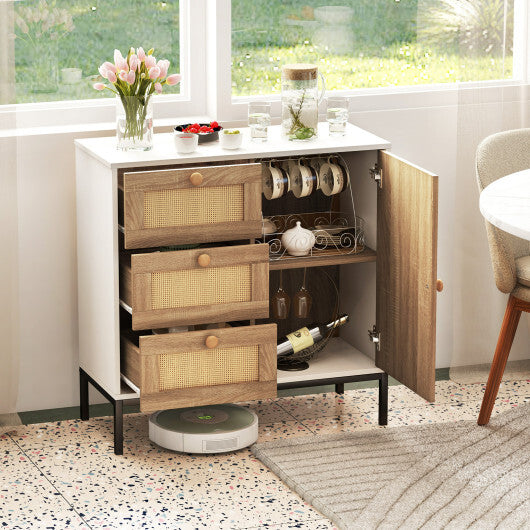 Rattan Sideboard Buffet Cabinet with 1 Door and 3 Drawers-White W2B
