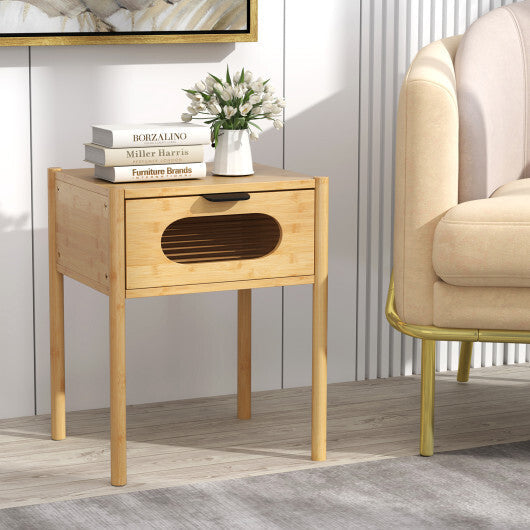 Bamboo Nightstand Square Tall End Table with Decorated Drawer-Natural W2B