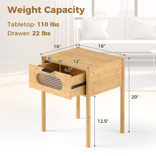 Bamboo Nightstand Square Tall End Table with Decorated Drawer-Natural W2B