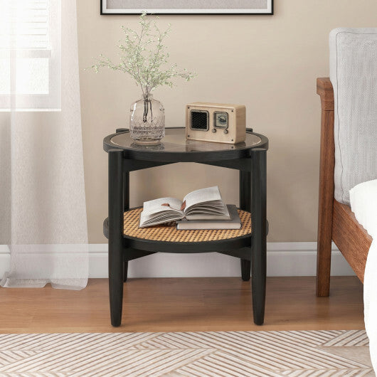 Rattan Round Side End Table with Tempered Glass Tabletop-Black W2B