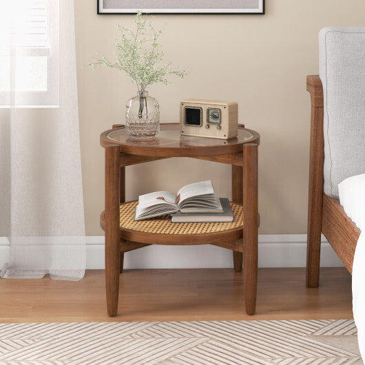 Rattan Round Side End Table with Tempered Glass Tabletop-Black W2B