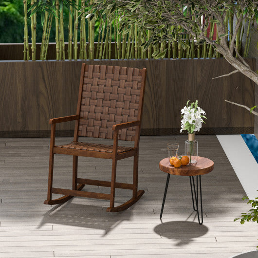 Patio Wood Rocking Chair with PU Seat and Rubber Wood Frame-Brown W2B