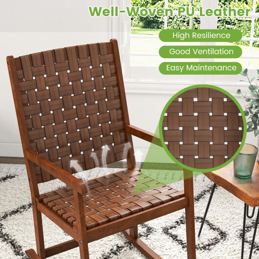 Patio Wood Rocking Chair with PU Seat and Rubber Wood Frame-Brown W2B