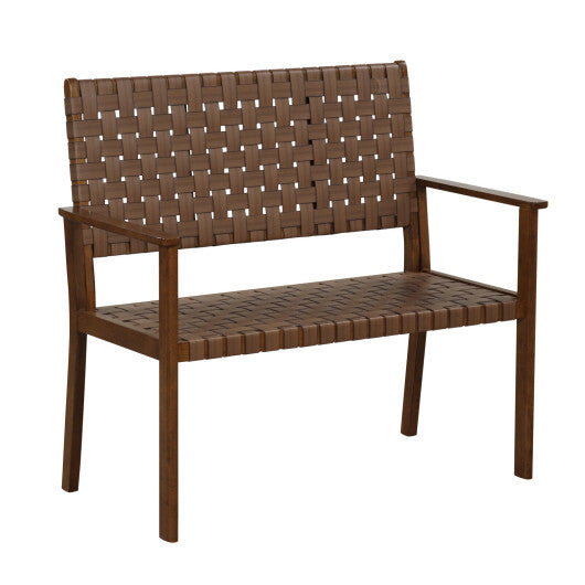 Outdoor All Weather Bench with Solid Rubber Wood Frame and Hand Woven PU Leather-Brown W2B
