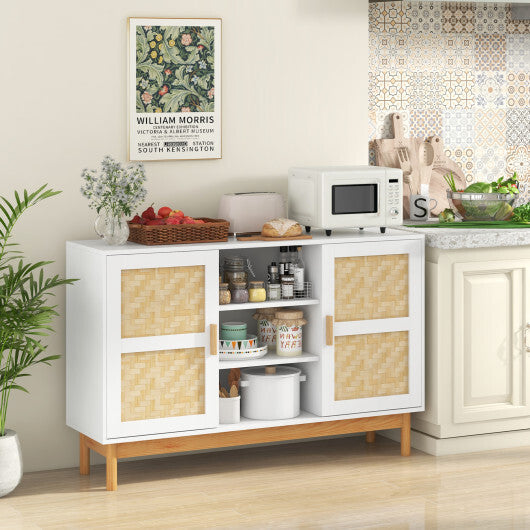48 Inch Sideboard Buffet Cabinet Floor Storage Cabinet with 2 Bamboo Woven Doors-White W2B