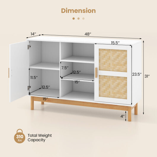 48 Inch Sideboard Buffet Cabinet Floor Storage Cabinet with 2 Bamboo Woven Doors-White W2B