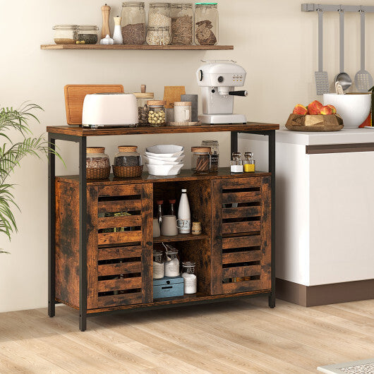 Buffet Cabinet Industrial Sideboard Storage Cabinet with Push-to-Open Slatted Door and 3 Adjustable Shelves-Rustic Brown W2B