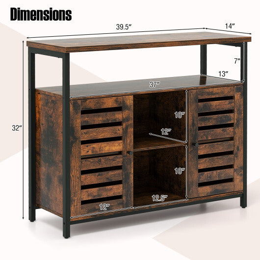 Buffet Cabinet Industrial Sideboard Storage Cabinet with Push-to-Open Slatted Door and 3 Adjustable Shelves-Rustic Brown W2B