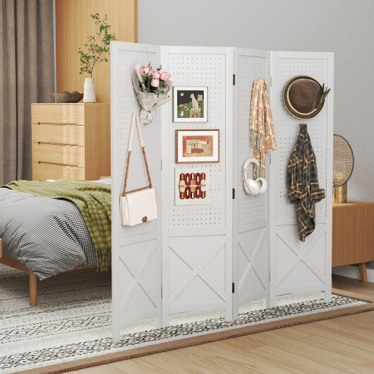4-Panel Pegboard Display Stand Folding Room Divider with Solid Wood Frame-White W2B