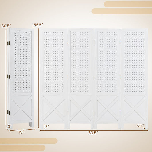 4-Panel Pegboard Display Stand Folding Room Divider with Solid Wood Frame-White W2B