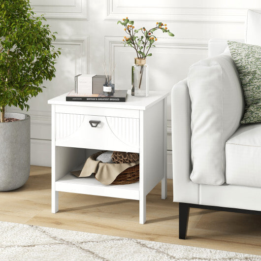 2-tier Wood Nightstand with Drawer and Open Storage Shelf for Bedroom-White W2B