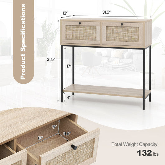 Rattan Console Table Boho Entryway Table with 2 Rattan Drawers and Open Storage Shelf-Oak W2B
