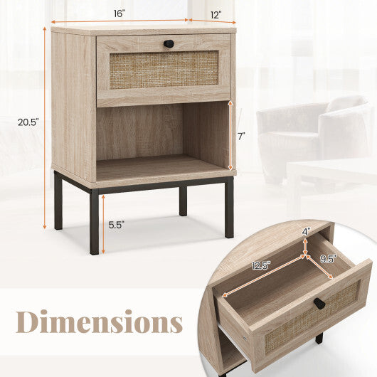 Rattan Nightstand Boho End Table with Rattan Drawer and Open Shelf Set of 2-White W2B