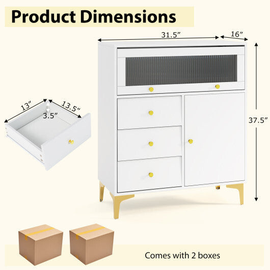 Chest of Drawers with Flip Up Fluted Glass Door for Bedroom Kitchen-Gray W2B