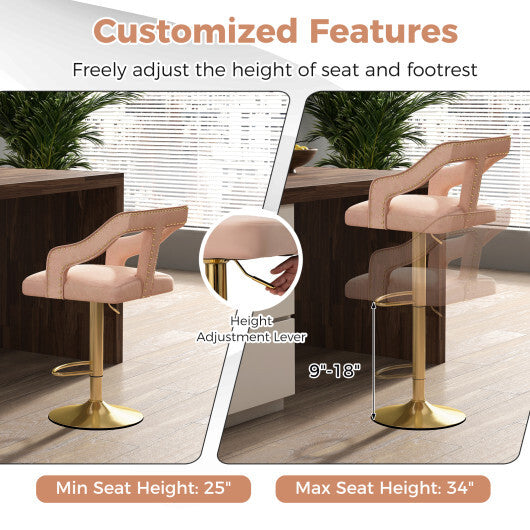 Set of 2 Bar Chairs with Footrest and 2-Layer Electroplated Metal Base-Pink W2B