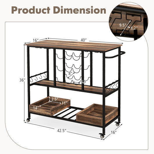 3 Tiers Bar Cart on Wheels with Glass Racks-Rustic Brown