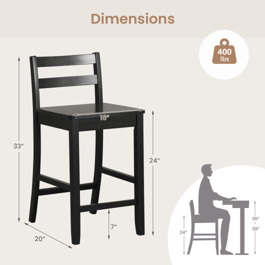 Wooden Bar Stools Set of 2 with Ergonomic Backrest and Footrest-Black W2B