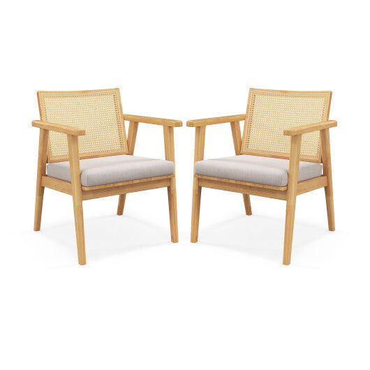 Mid Century Modern Accent Chairs Set of 2 with Breathable Rattan Back-Natural