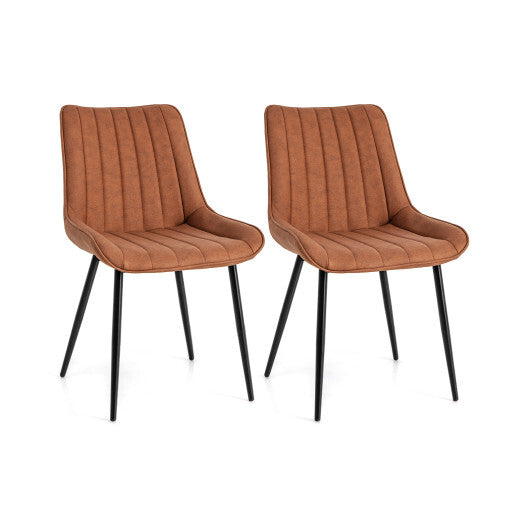 Faux-Leather Fabric Dining Chair Set of 2 with Metal Legs and Padded Seat-Brown