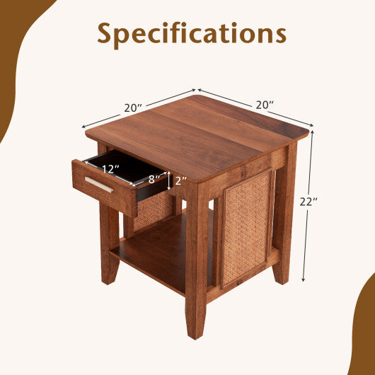 Rattan Nightstand End Table with Drawer and Storage Shelf-Walnut W2B
