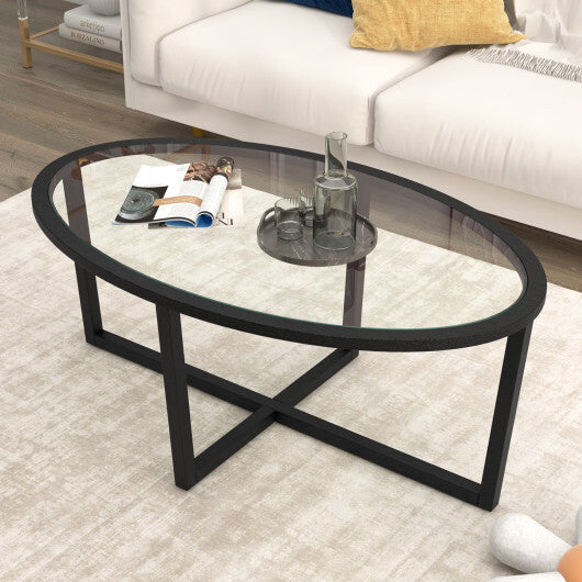 Glass Coffee Table Oval Living Room Table with Cross Base and Acacia Wood Legs-Black W2B