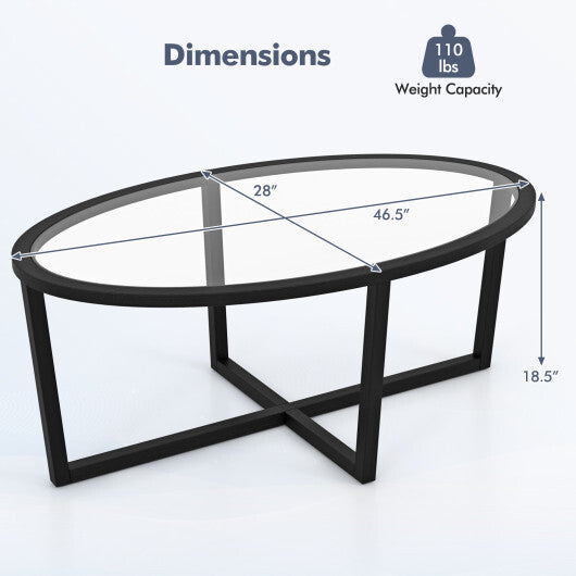 Glass Coffee Table Oval Living Room Table with Cross Base and Acacia Wood Legs-Black W2B