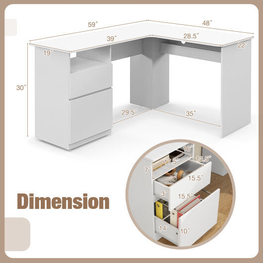 L-Shaped Computer Desk with Letter File Drawer-White W2B
