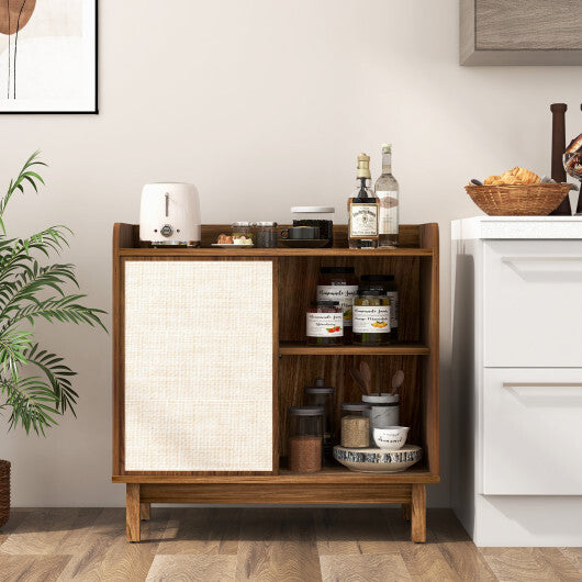 Rattan Buffet Sideboard Mid Century Floor Storage Cabinet with Sliding Door and Adjustable Shelves-Walnut W2B