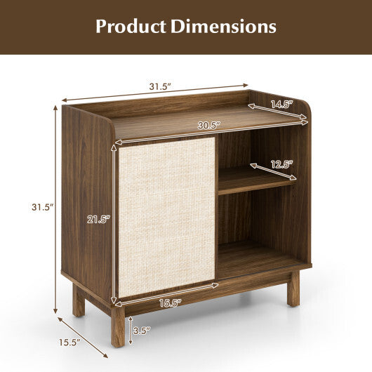 Rattan Buffet Sideboard Mid Century Floor Storage Cabinet with Sliding Door and Adjustable Shelves-Walnut W2B