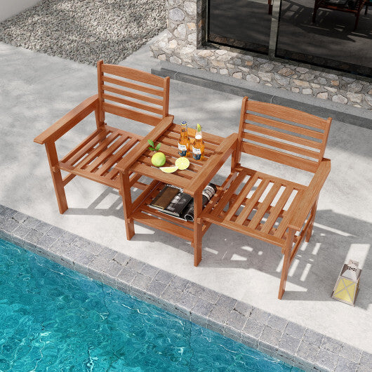 Outdoor Patio Wood 2-Seat Conversation Set with Coffee Table and Umbrella Hole W2B