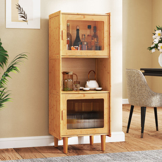 3-Cube Bamboo Storage Cabinet with Open Compartment and 2 Acrylic Doors-Natural W2B