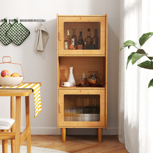 3-Cube Bamboo Storage Cabinet with Open Compartment and 2 Acrylic Doors-Natural W2B