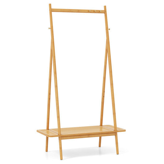 Bamboo Clothes Rack with Hanging Rod Rattan Shelf and Copper Hooks-Brown W2B