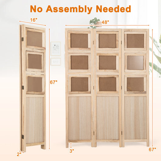 3 Panel Folding Privacy Screen with 9 Swivel Paulownia Wood Photo Frames-Natural W2B