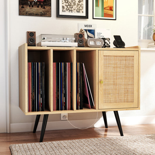 Record Player Stand with Charging Station and Rattan Cabinet for Living Room-Natural