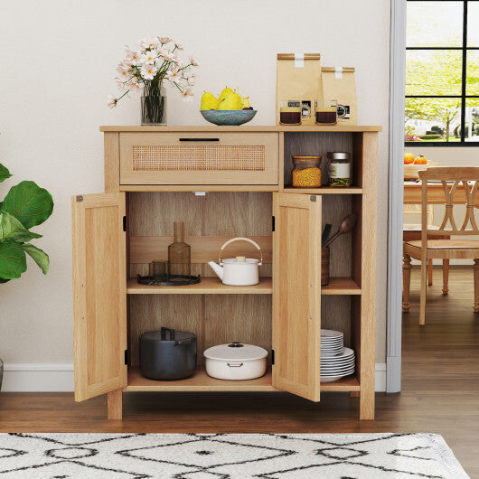 Boho Buffet Sideboard Storage Cabinet with Drawer and Rattan Woven Doors-Natural W2B