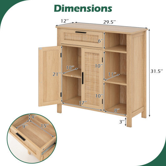 Boho Buffet Sideboard Storage Cabinet with Drawer and Rattan Woven Doors-Natural W2B