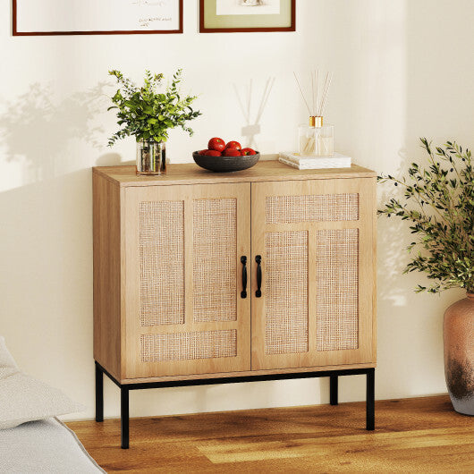 Boho Storage Cabinet with Asymmetrical Pattern Doors for Kitchen-Natural W2B
