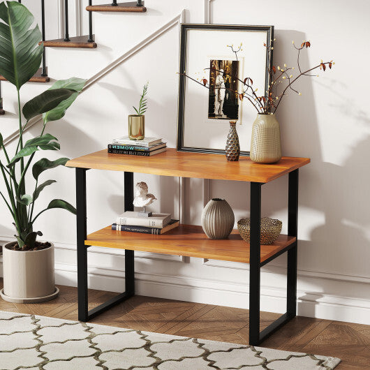 2-Tier Teak Wood End Table Sofa Side for Living Room Hallway Laundry W2B