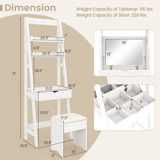 Vanity Desk Set with Flip Top Mirror Hidden Storage Compartments and Cushioned Stool-White W2B