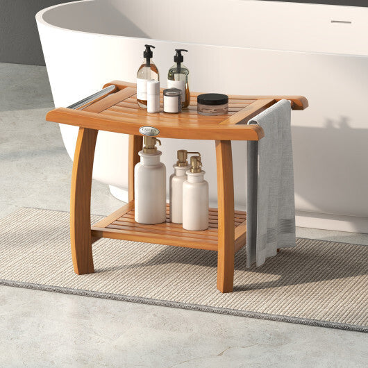 2-Tier Teak Wood Shower Bench Shower Stool with Curved Seat W2B